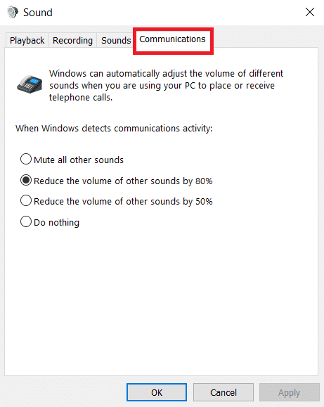 Vaya a la pestaña Comunicaciones. Cómo arreglar el micrófono demasiado silencioso en Windows 10