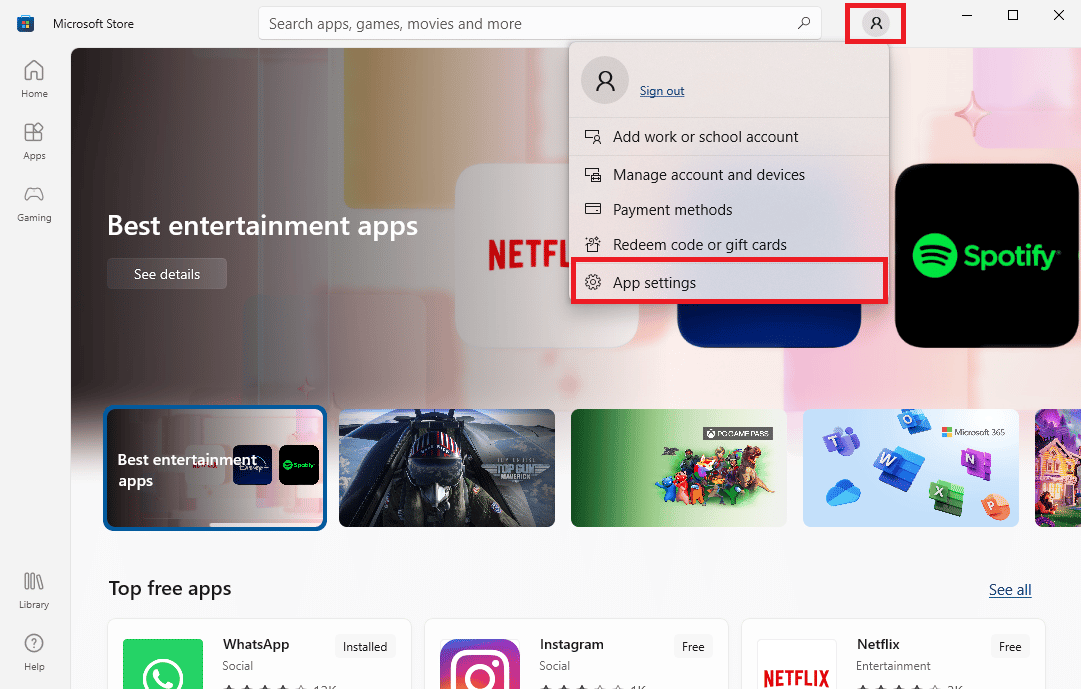 Haga clic en el icono Perfil y, desde las opciones, haga clic en Configuración de la aplicación.  Arreglar esta aplicación no es compatible con el error especificado en el contrato