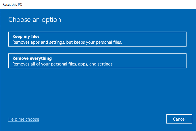 elija una opción de la ventana Restablecer esta PC.  Arreglar esta aplicación no es compatible con el error especificado en el contrato