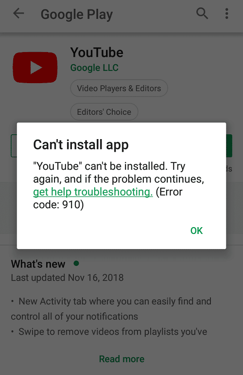 Arreglar No se puede instalar la aplicación Código de error 910 en Google Play Store