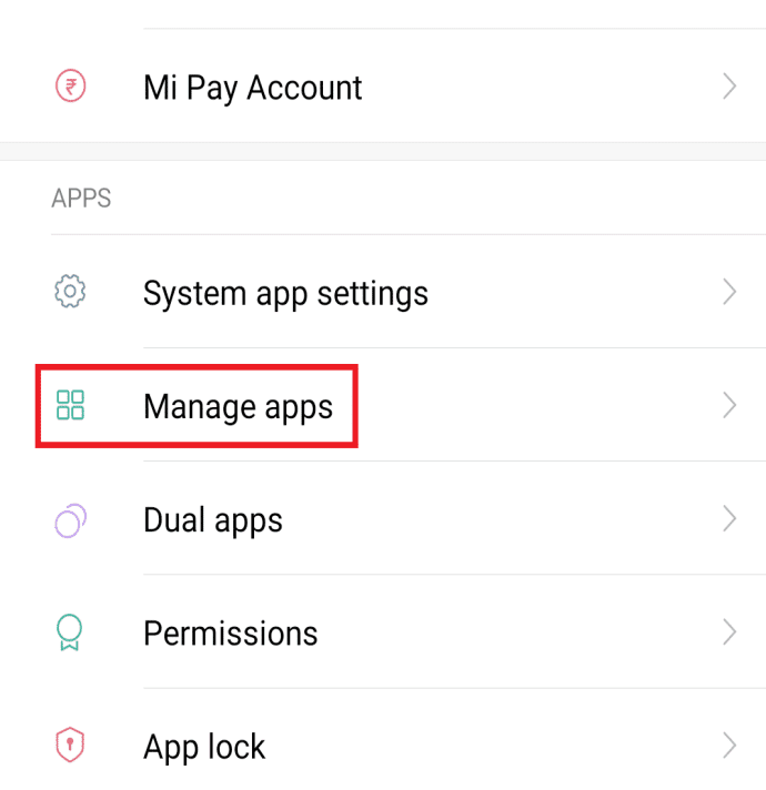 busque la opción Google Play Store en la barra de búsqueda o haga clic en la opción Aplicaciones y luego toque la opción Administrar aplicaciones de la lista a continuación.