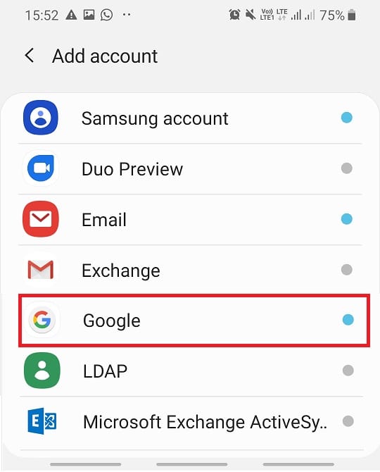 Toque la opción de Google de la lista y, en la siguiente pantalla, inicie sesión en la cuenta de Google, que se conectó anteriormente a Play Store.