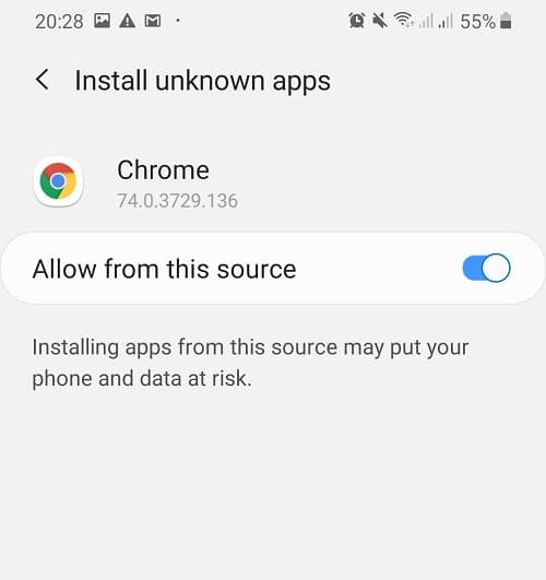 En la siguiente pantalla, active el interruptor junto a Permitir desde esta fuente - Arreglar No se puede instalar la aplicación Código de error 910