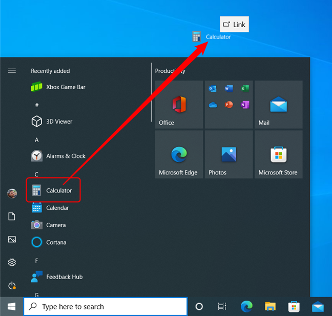 Arrastre un elemento del menú Inicio al escritorio para crear un acceso directo en Windows 10