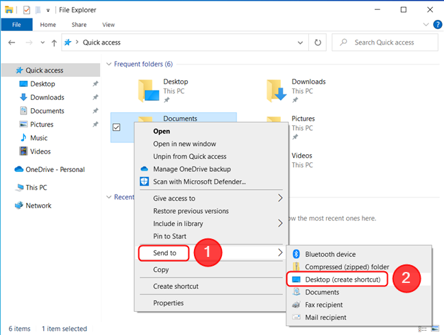 En el menú del botón derecho, desplace el cursor sobre Enviar a, luego presione Escritorio (crear acceso directo)