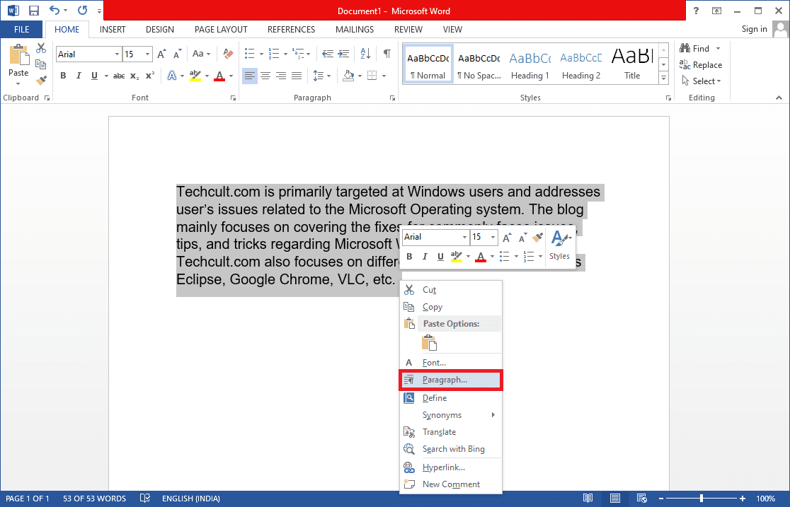 Opciones después de hacer clic derecho en un párrafo seleccionado.