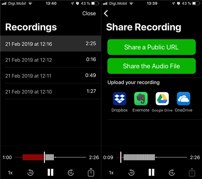 Lista de grabaciones y opciones para compartir disponibles en TapeACall