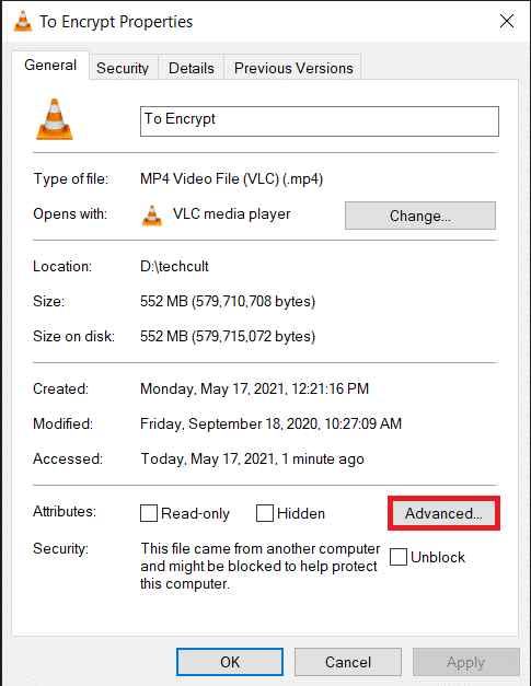 En la pestaña General, haga clic en el botón Avanzado en la sección Atributos.