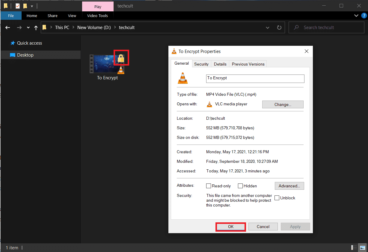 El archivo cifrado se marcará con un pequeño candado en la esquina superior derecha de la miniatura del archivo.
