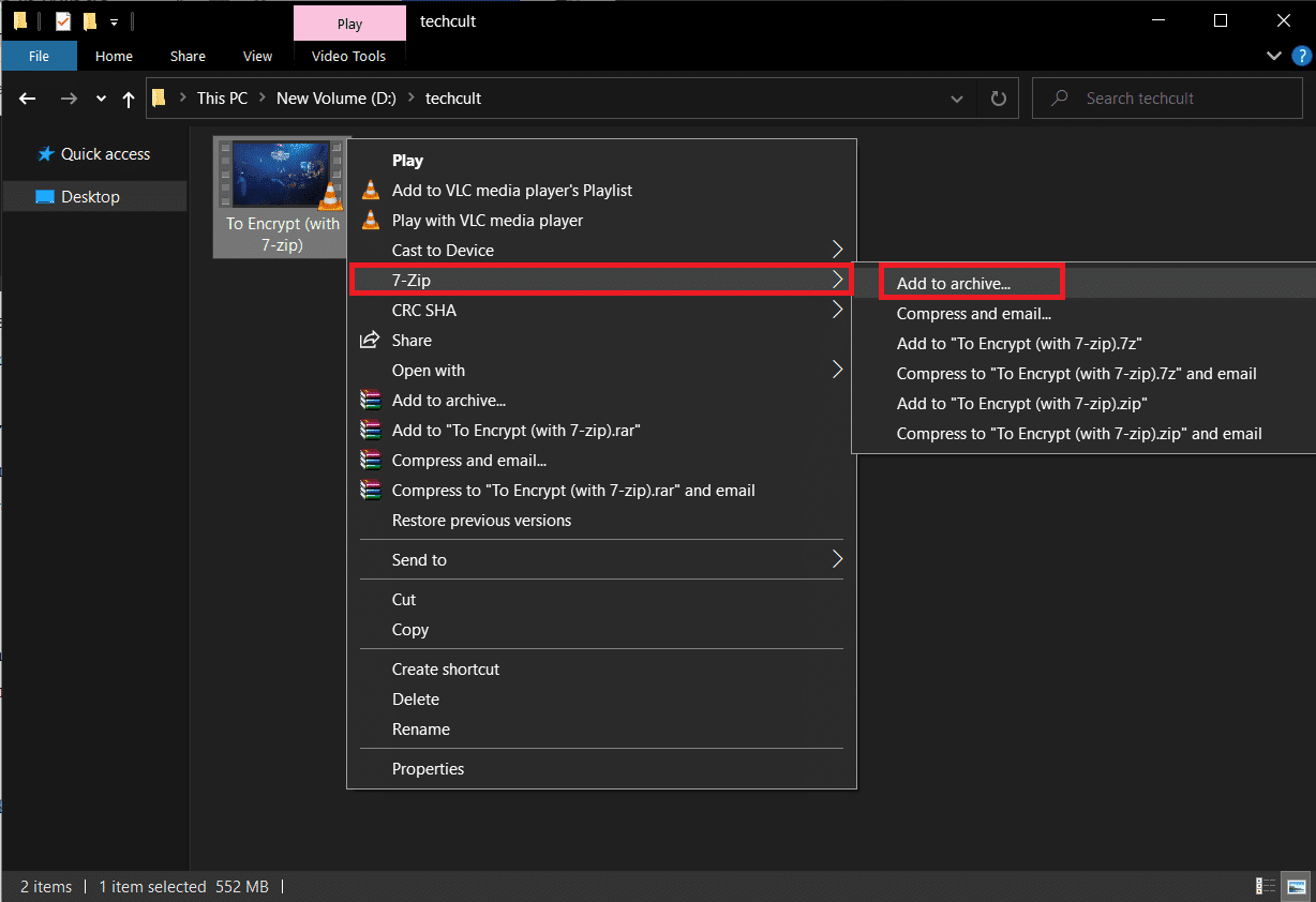 Haga clic con el botón derecho en el archivo que desea cifrar y vaya a 7 zip.  Elija la opción Agregar al archivo….  Cómo cifrar una carpeta en Windows 10