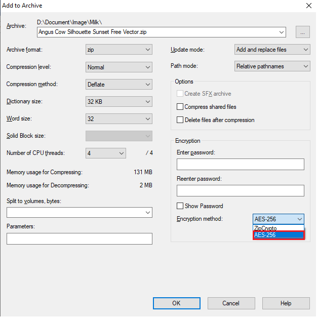 En el lado derecho, haga clic en la lista desplegable del método de cifrado y elija AES 256 en el software de cifrado de carpetas