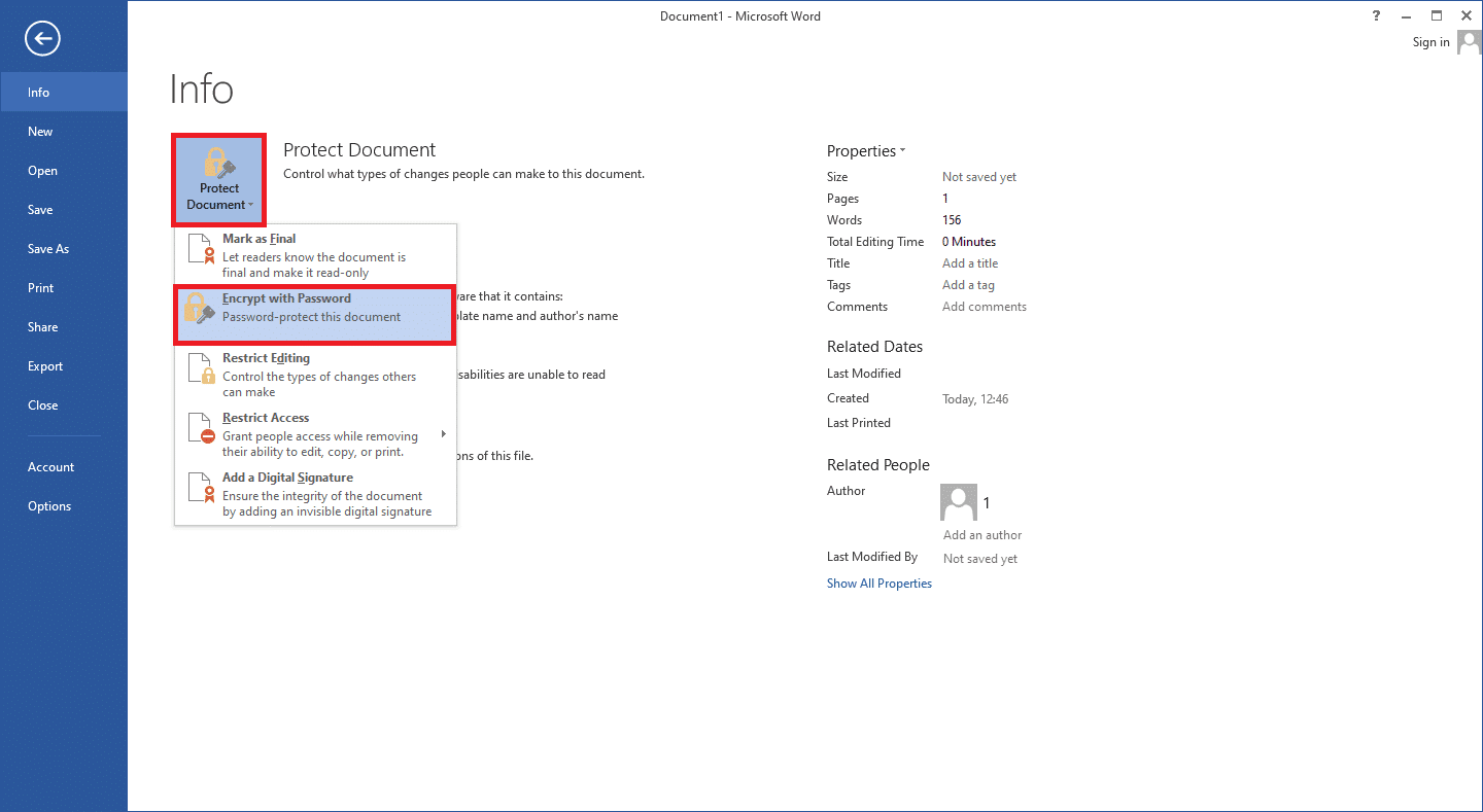 Vaya a la pestaña Información, haga clic en Proteger documento.  En la lista desplegable, elija Cifrar con contraseña.
