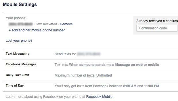Configuración móvil de Facebook