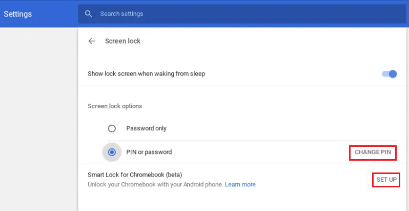 haga clic en CAMBIAR PIN o CONFIGURAR para asignar su PIN o contraseña preferidos
