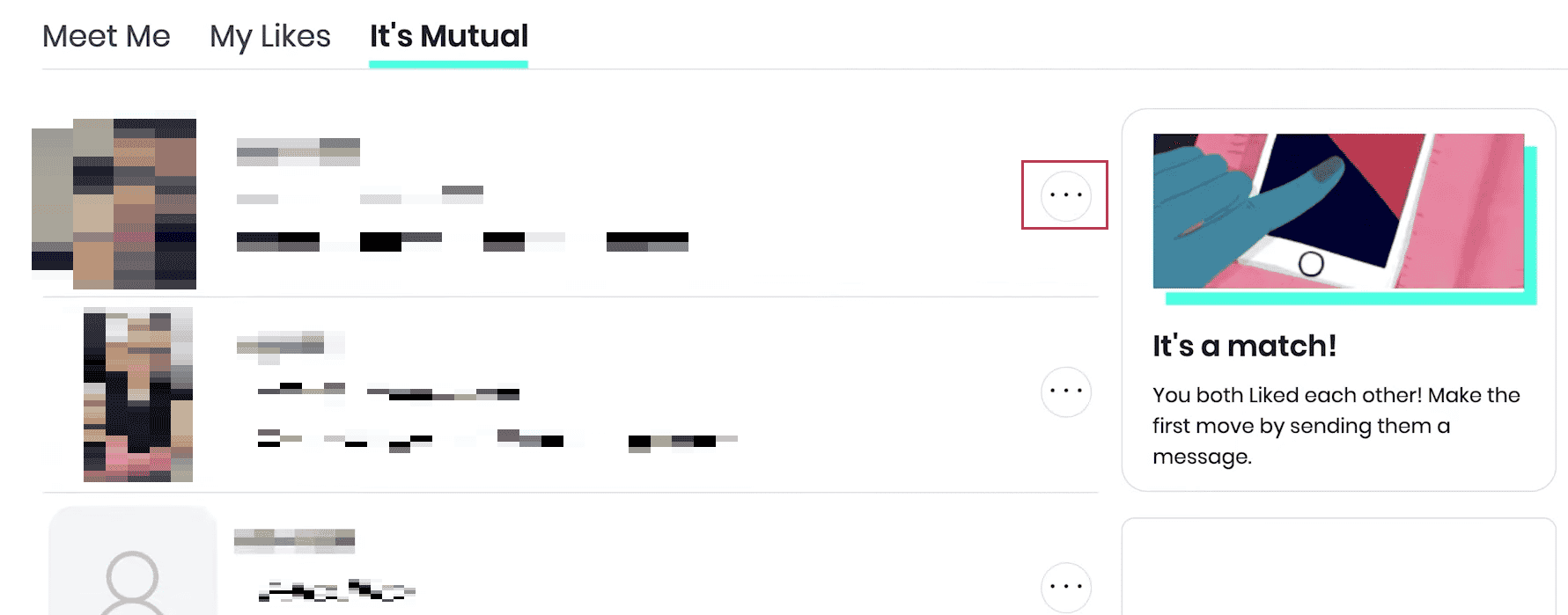 Haga clic en el icono de tres puntos para el perfil deseado de la lista |  me gusta desaparecido en POF