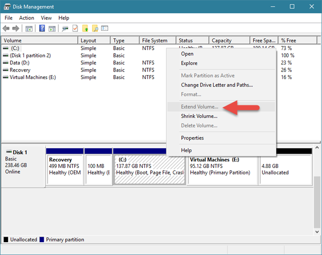 Windows, cambiar el tamaño de la partición, Administración de discos