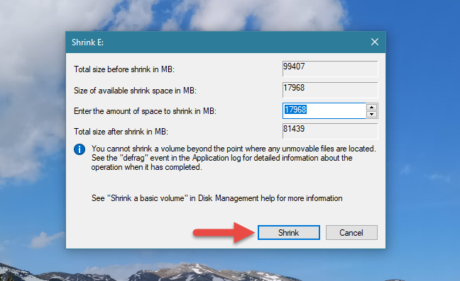 Windows, cambiar el tamaño de la partición, Administración de discos