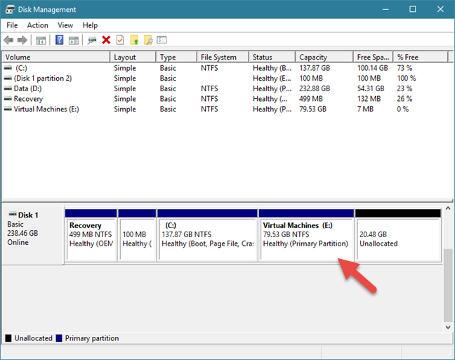Windows, cambiar el tamaño de la partición, Administración de discos