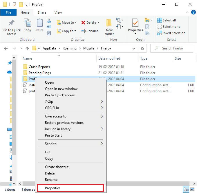 Ahora, haga clic derecho en la carpeta Perfiles y seleccione la opción Propiedades. Arreglar Firefox no responde