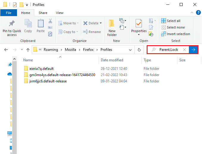 Luego, busque el archivo Parent.Lock escribiéndolo en el campo Buscar perfiles