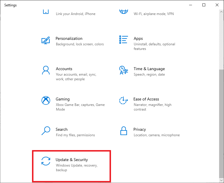 Ahora haga clic en Actualización y seguridad. Arreglar Firefox no responde