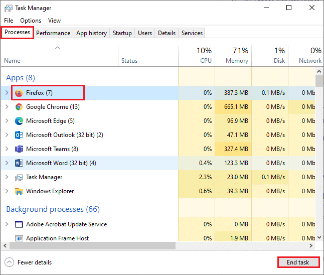 Luego, en la pestaña Procesos de la ventana del Administrador de tareas, desplácese hacia abajo y busque las tareas de Firefox. Arreglar Firefox no responde