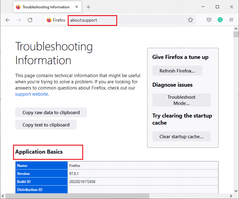 Abre Firefox y escribe sobre soporte en la barra de direcciones. Esto abrirá la tabla Conceptos básicos de la aplicación. Arreglar Firefox no responde