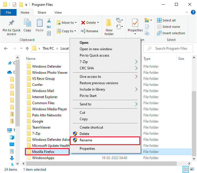haga clic con el botón derecho en la carpeta de Mozilla Firefox y seleccione la opción Cambiar nombre. Cambie el nombre de la carpeta a algo como Archivos antiguos