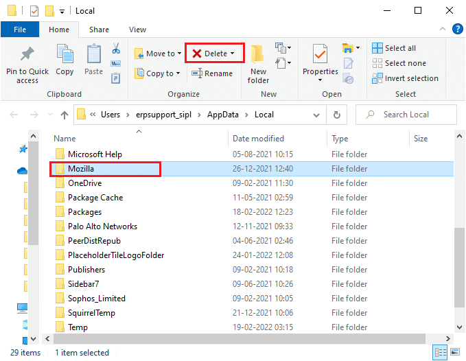 Ahora, desplácese hacia abajo y haga clic en la carpeta Mozilla. Luego, haga clic en la opción Eliminar como se resalta.