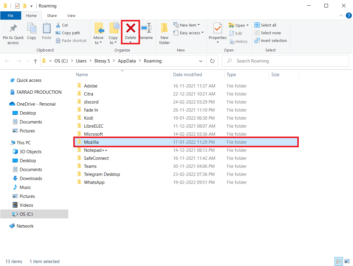 Desplácese hacia abajo y haga clic en la carpeta Mozilla. Luego, haga clic en la opción Eliminar. Arreglar Firefox no responde