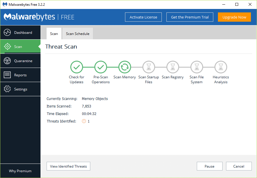  Preste atención a la pantalla Threat Scan mientras Malwarebytes Anti Malware escanea su PC