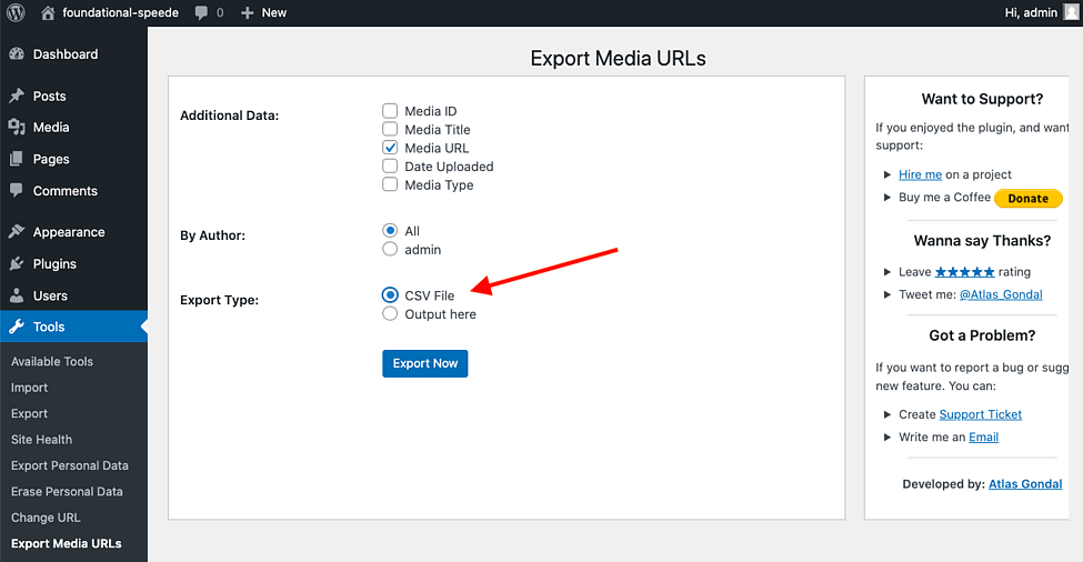 Archivo CSV seleccionado como tipo de exportación en el medio de exportación