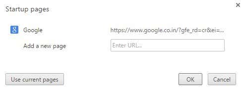 Páginas de inicio de configuración de Chrome