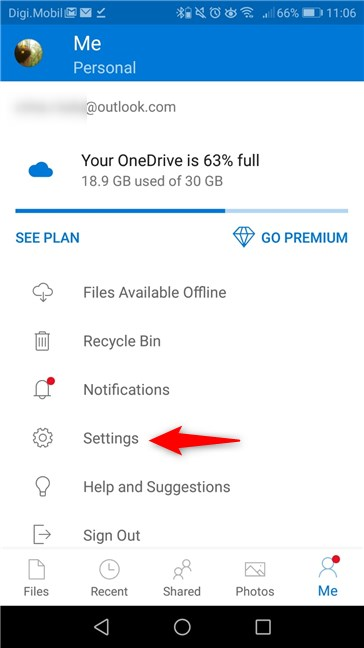La entrada Configuración en la aplicación OneDrive en Android