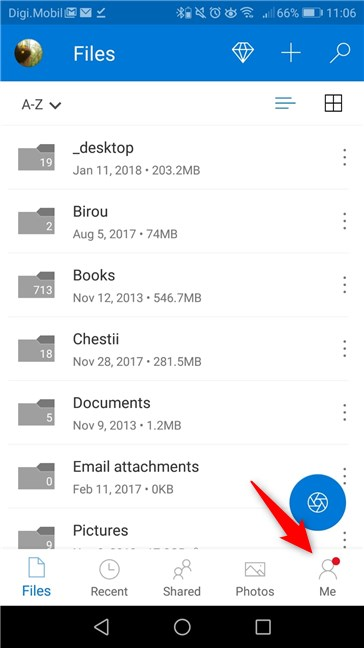 Botón Yo en la aplicación OneDrive