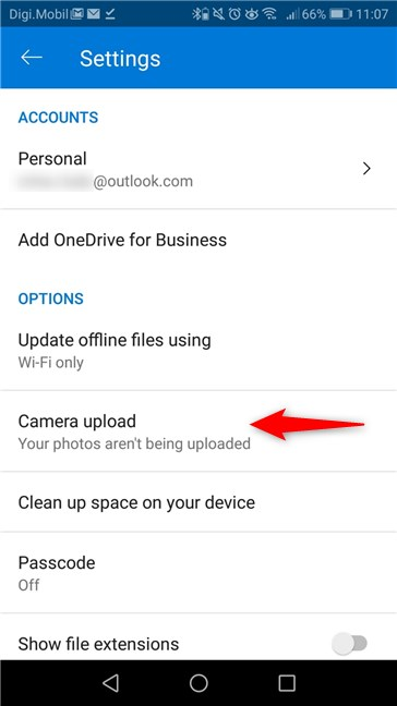 Entrada de carga de cámara desde la aplicación OneDrive