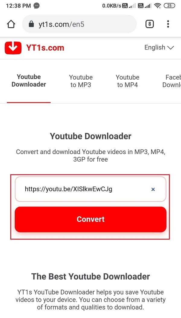 Pegue el enlace del video de YouTube en el cuadro en su pantalla