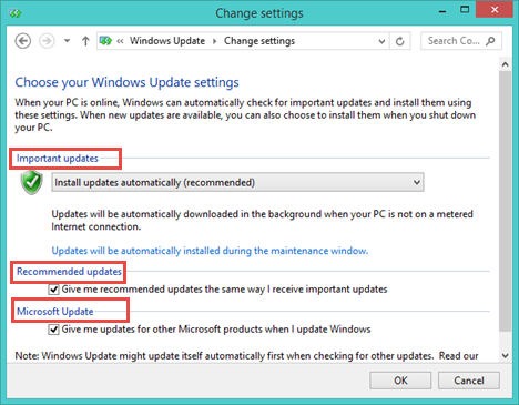 Windows Update, Ajustes, Configurar, Cambiar