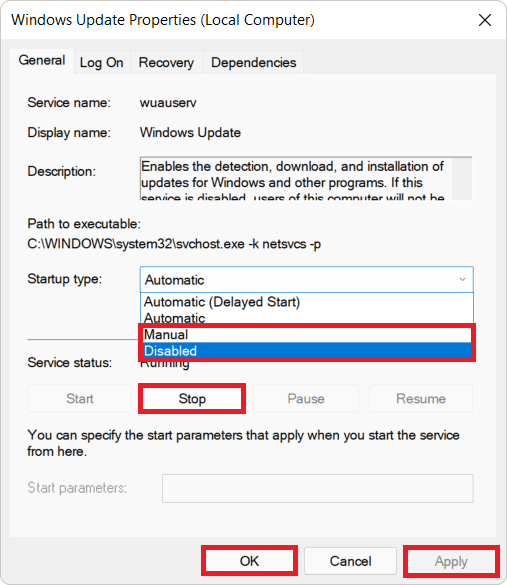 Cuadro de diálogo Propiedades de servicios.  Cómo habilitar o deshabilitar un servicio en Windows 11