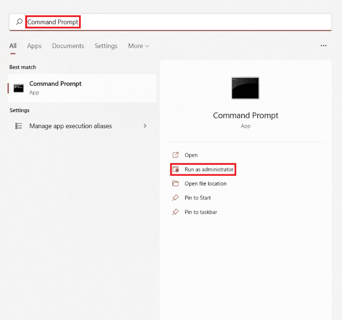 Resultados de búsqueda del menú de inicio para el símbolo del sistema