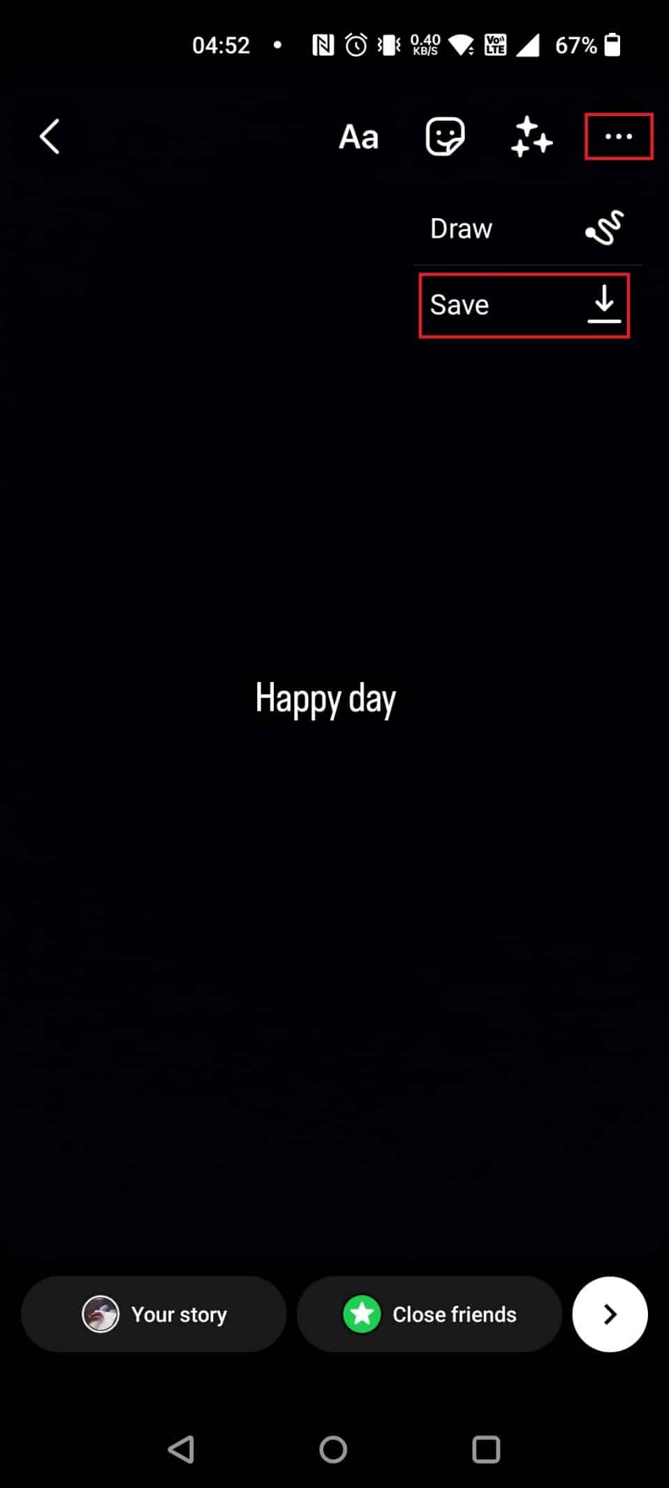 Toque los tres puntos en la esquina superior izquierda y seleccione Guardar