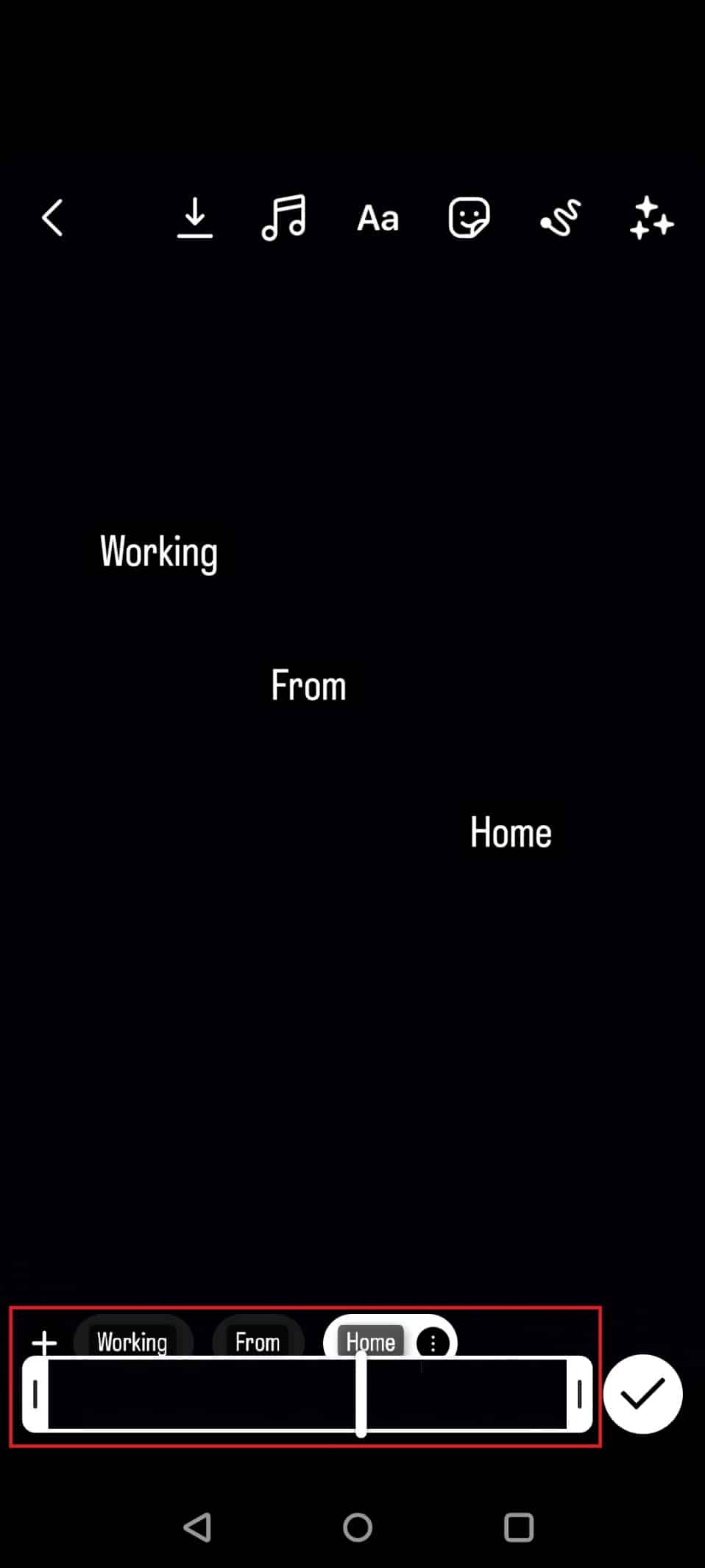 toque el bloque blanco y ajuste la duración inicial y final del texto para que aparezca