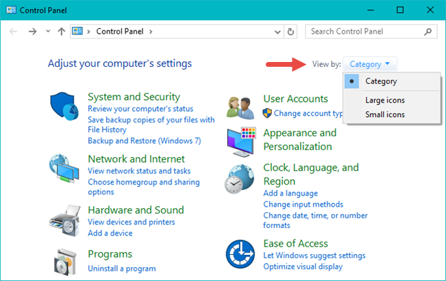 Panel de control, clásico, vista