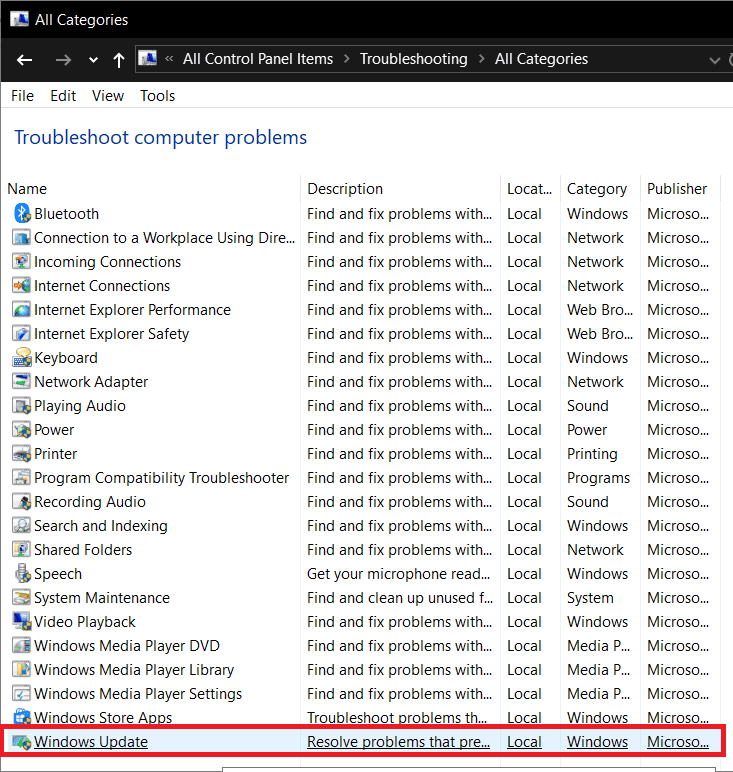 Desplácese hacia abajo hasta encontrar Windows Update y haga doble clic en él