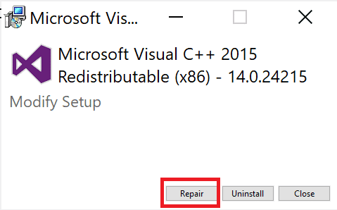 Seleccione Reparación |  Cómo reparar el redistribuible de Microsoft Visual C++