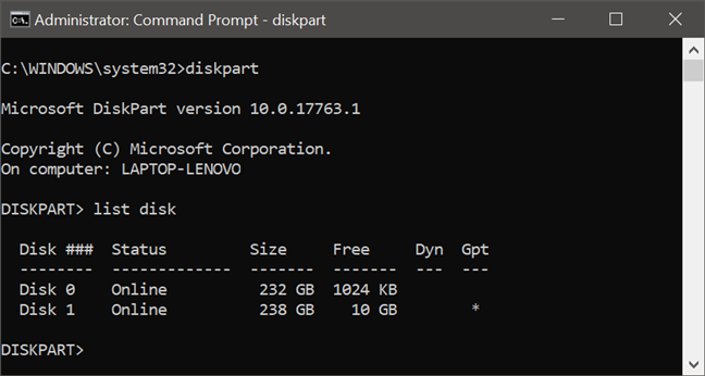Usando diskpart para listar las unidades desde una PC