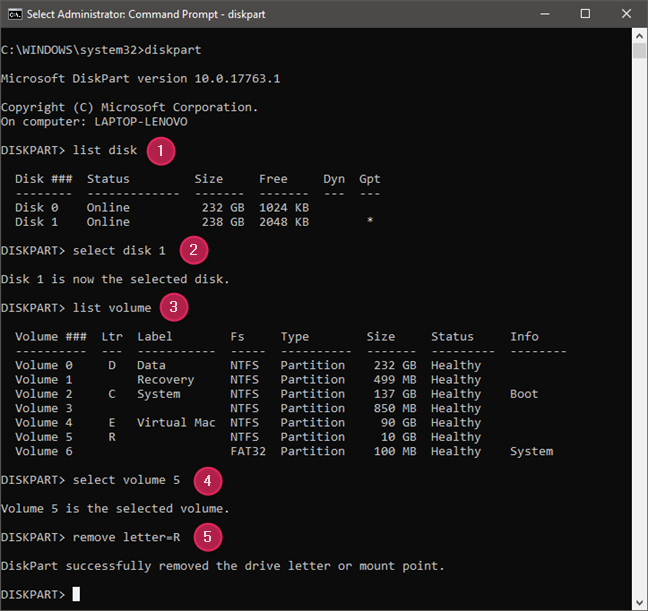 Uso de comandos diskpart para ocultar una partición eliminando su letra de unidad