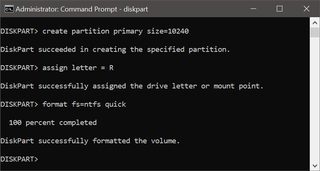 Formateo de una partición con diskpart, en el símbolo del sistema