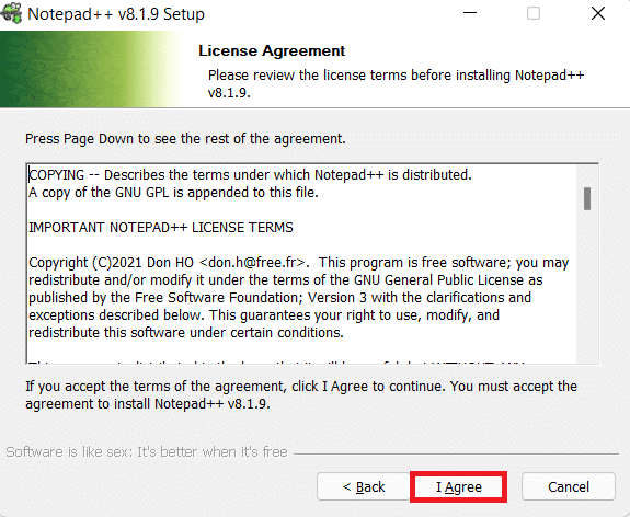 haga clic en Acepto en el asistente de instalación.  Cómo hacer que el editor de texto predeterminado de Notepad ++ en Windows 11