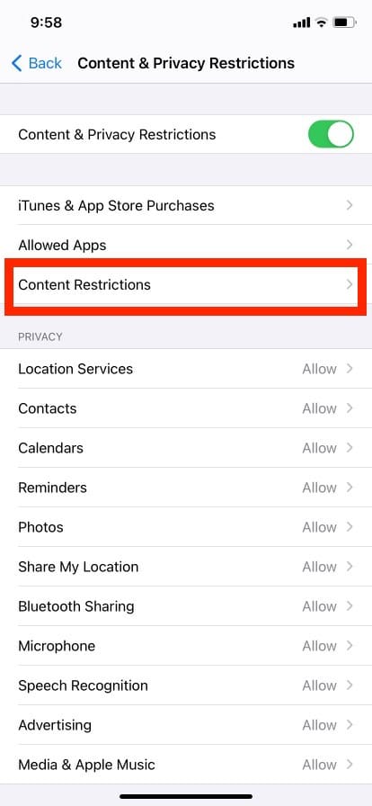 toque la restricción de contenido. Cómo desactivar el modo de incógnito en iPhone